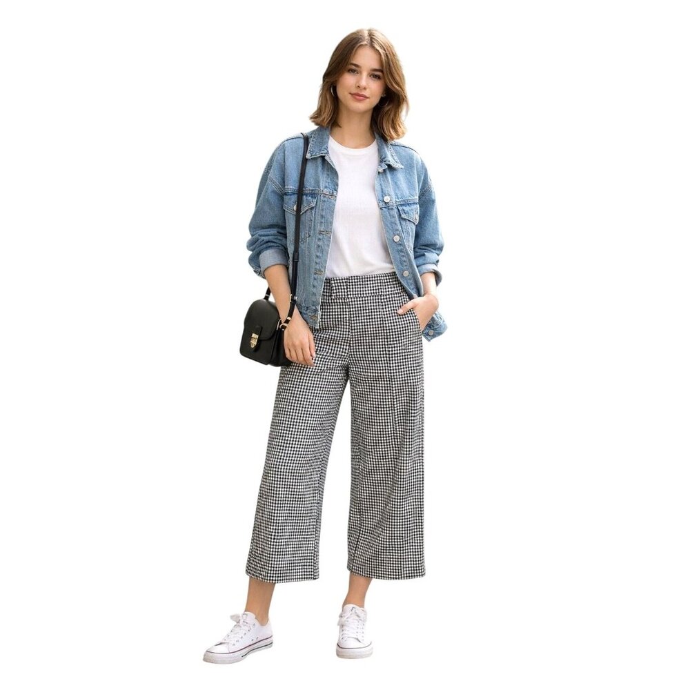 JNY Jones New York Womens Houndstooth Plaid Cropped Wide-Leg Pants Small